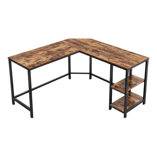 L-Shaped Oak and Iron Computer Desk with 2 Shelves, Walnut and Charcoal Gray