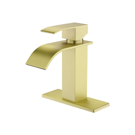 Waterfall Spout Stainless Steel Bathroom Vanity Faucet with Brushed Gold Finish