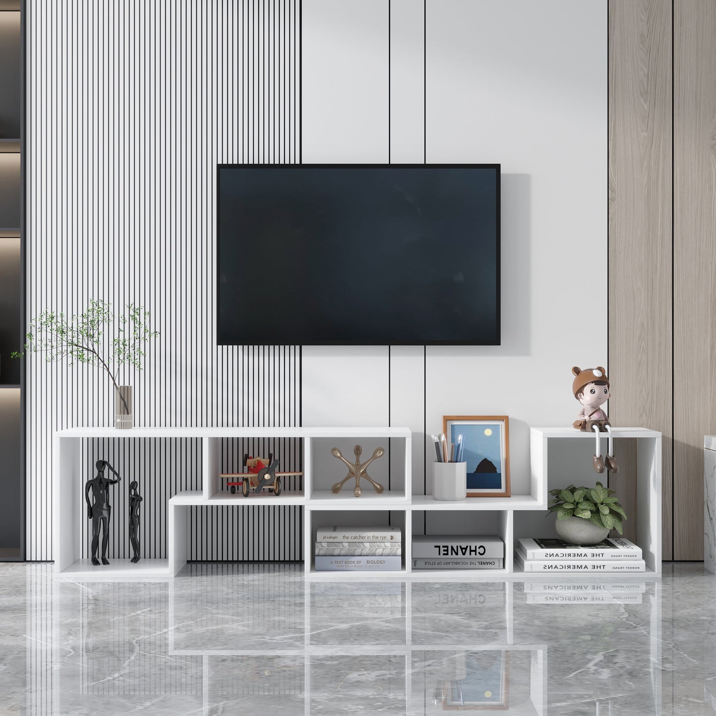 Versatile White TV Stand with Display Shelves and Bookcase