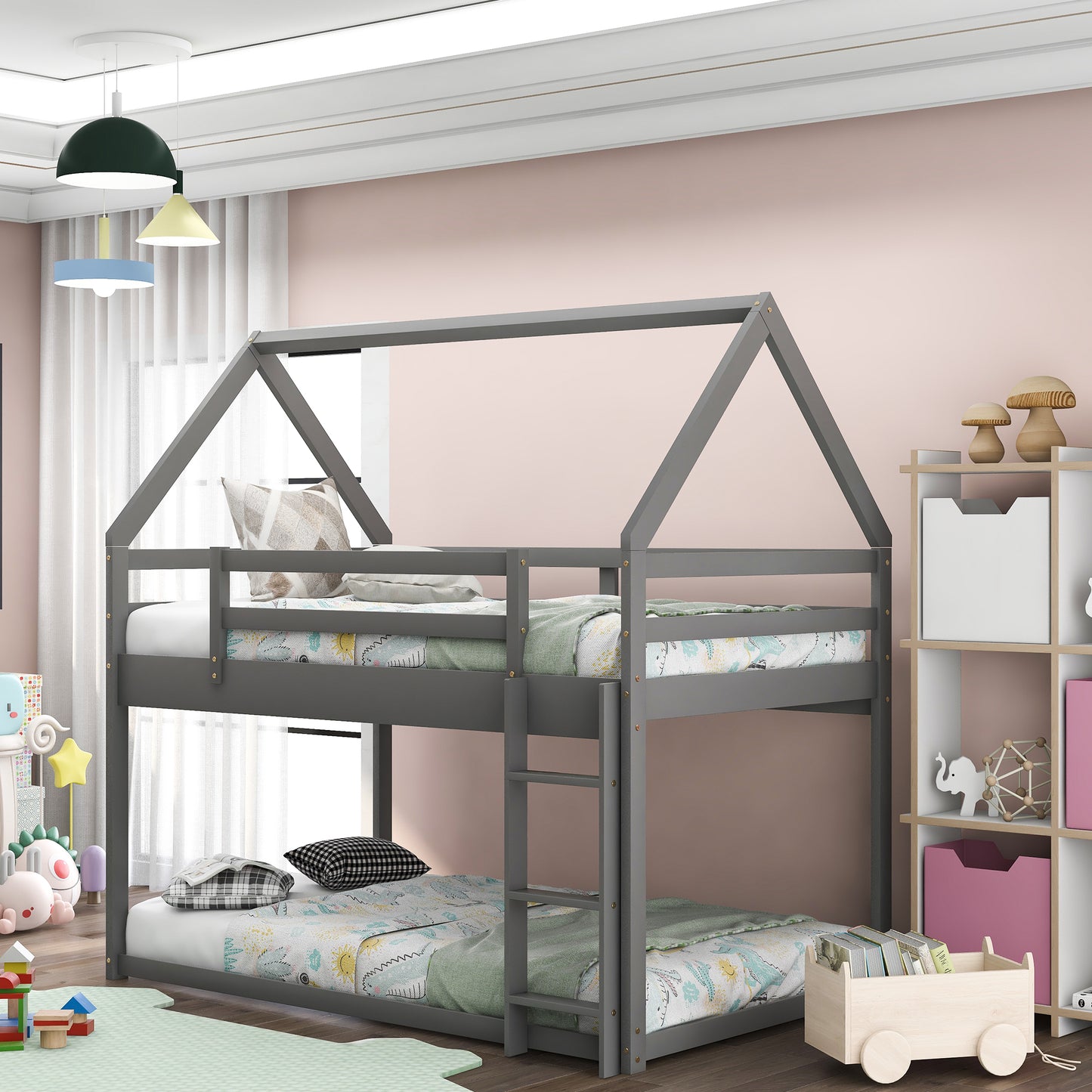 Gray House-Shaped Twin Over Twin Low Bunk Bed