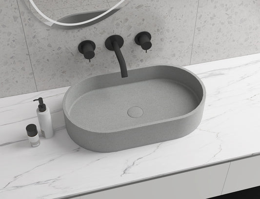 Double Oval Concrete Vessel Bathroom Sink Handmade Concreto Stone Basin Counter Freestanding  Bathroom Vessel  Sink in Grey without  Faucet and Drain