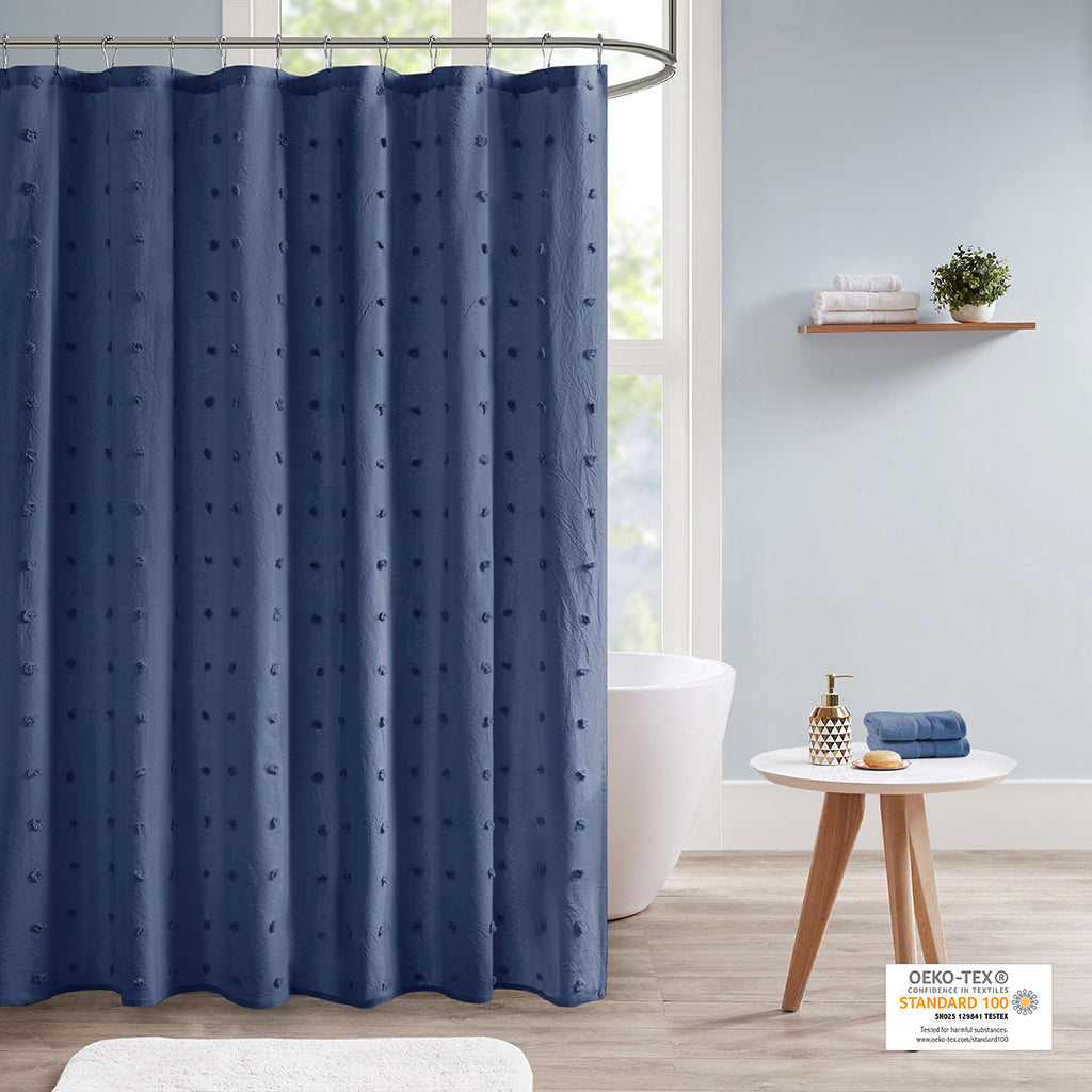 Indigo Blue Cotton Shower Curtain with Pompom Detail