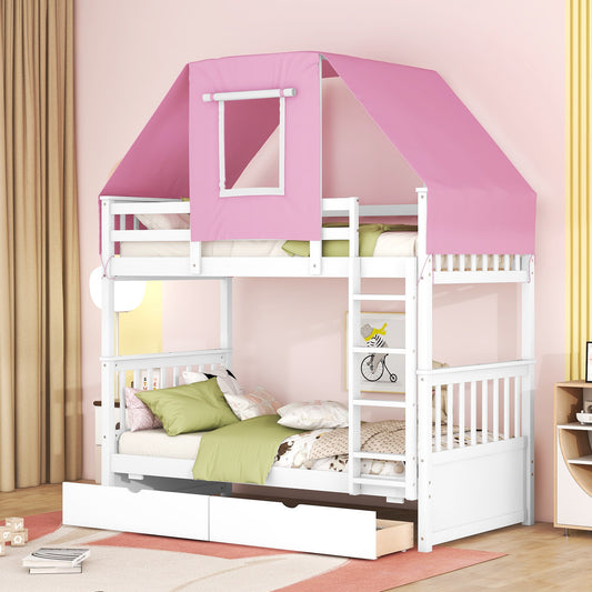 White and Pink Spacious Twin Bunk Bed with Playful Tent and Storage