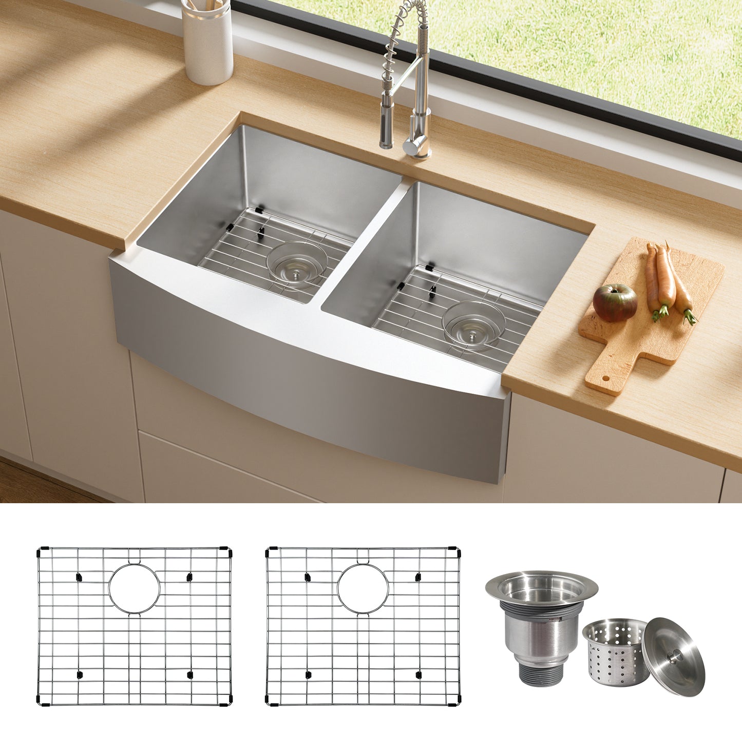 TECASA Farmhouse Stainless Steel Double Bowl Sink with Accessories - 33 inches