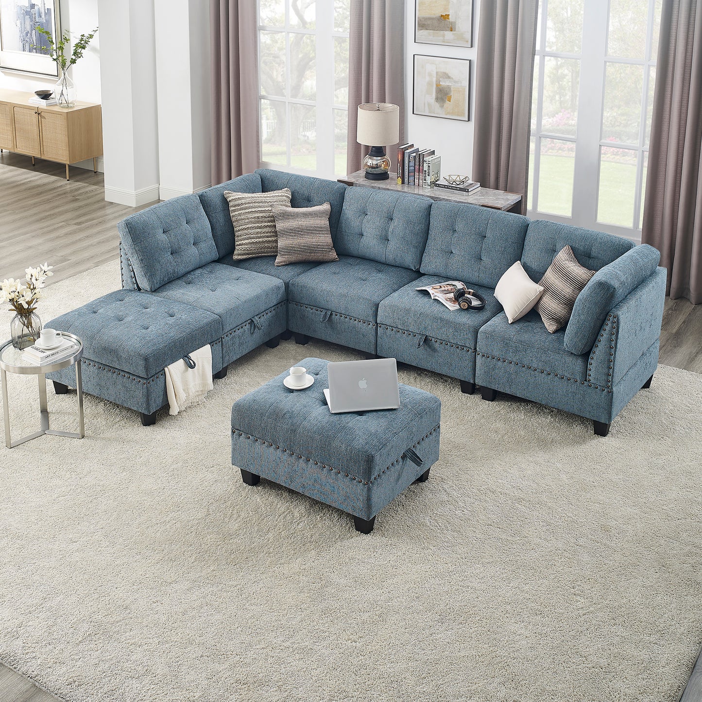 Navy Blue L Shape Modular Sectional Sofa with DIY Combination