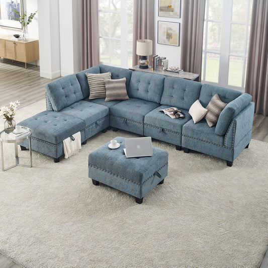 Navy Blue L Shape Modular Sectional Sofa with DIY Combination