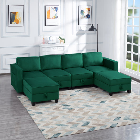 Modular Green Velvet Sectional Sofa with Ottoman and Hidden Storage