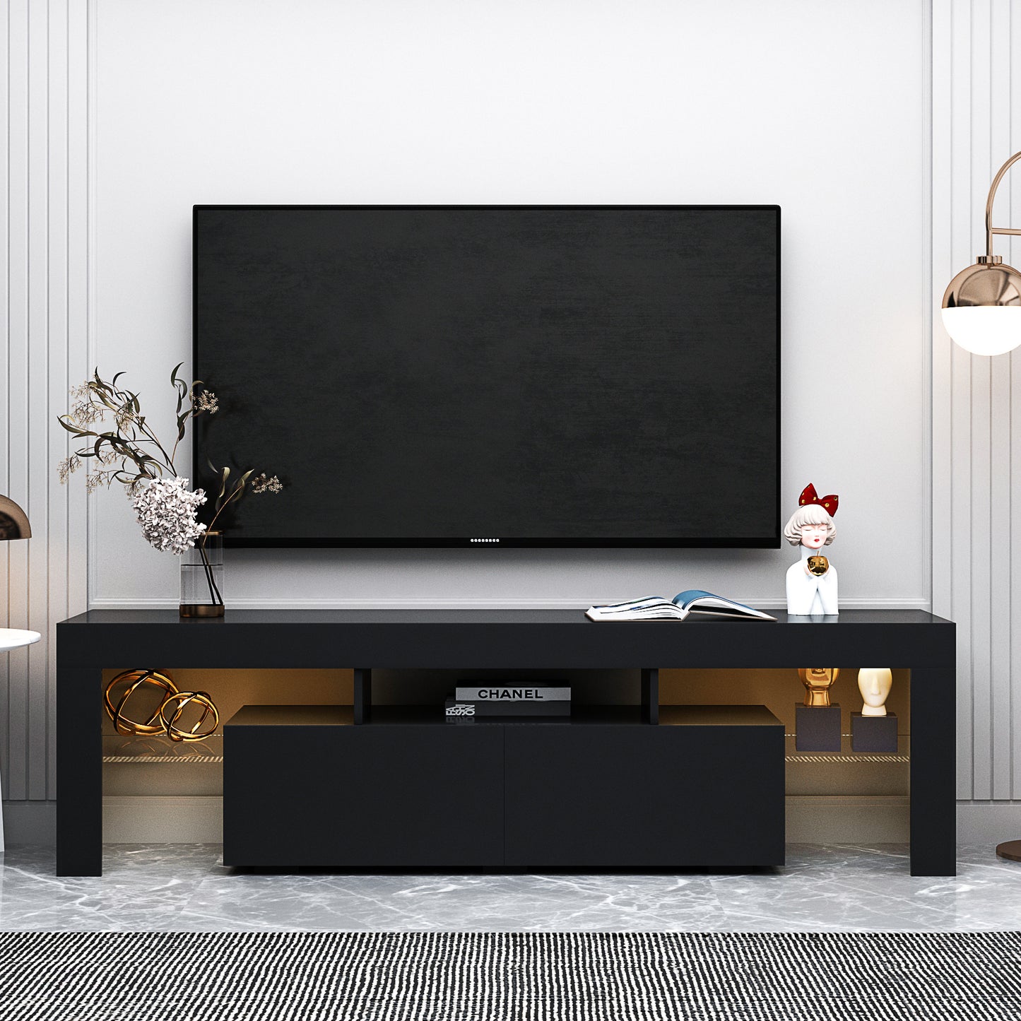 Sleek Black TV Stand with 20 Color LED Lights and Remote Control