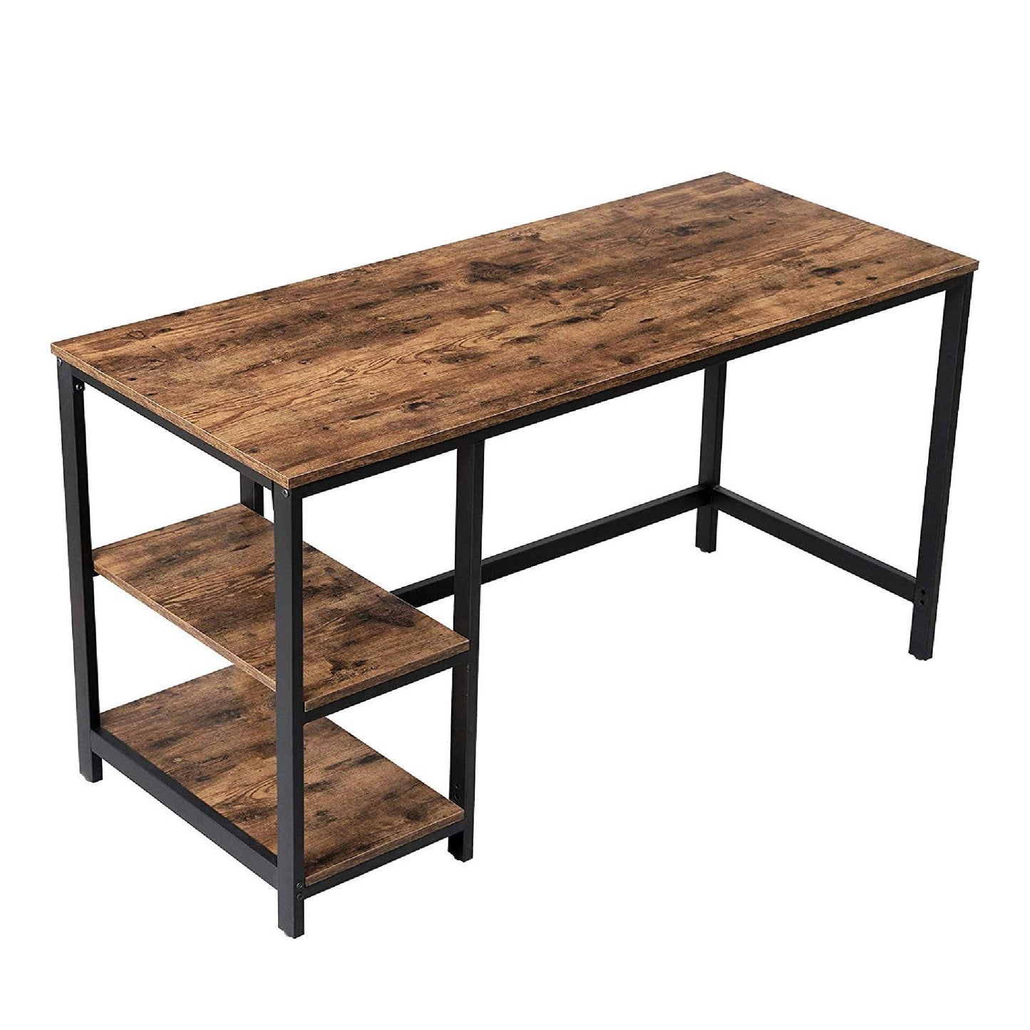 Industrial Style Wood and Metal Desk with 2 Shelves, Black/Brown