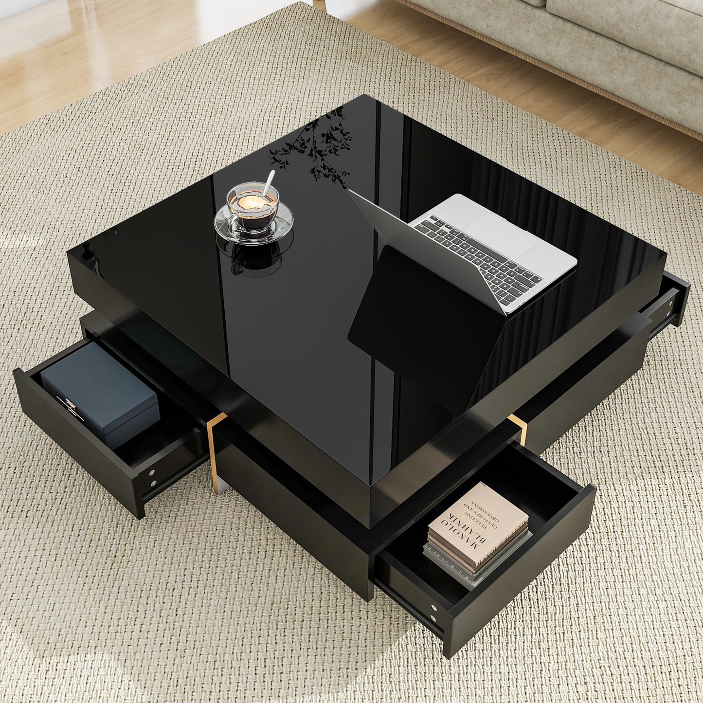 Modern Sleek Black Coffee Table with Wood Grain Legs and 4 Drawers, Square Multi-Storage Center Table for Living Room, 31.5''x31.5'', Black