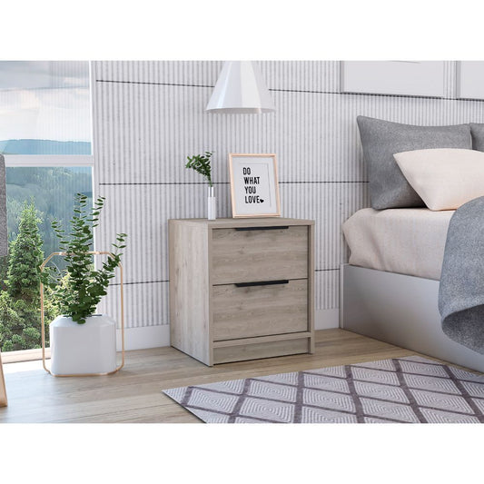 Kaia Nightstand, Two Drawers, Metal Handle -Light Gray