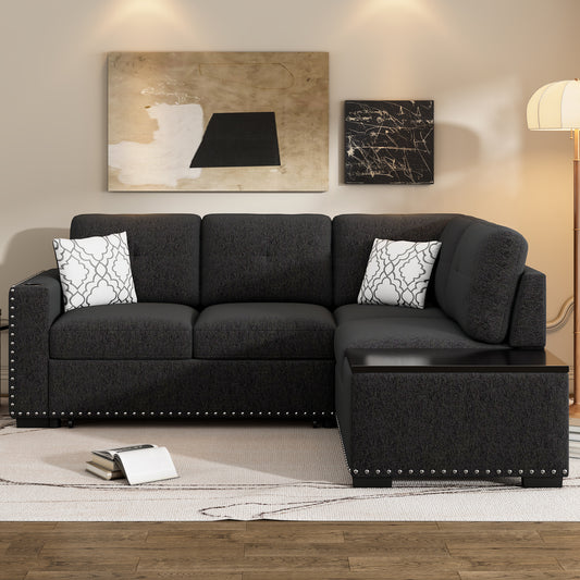 83.8 L-Shaped Reversible Sectional Sleeper Sofa with Cup Holder and USB Ports, Black