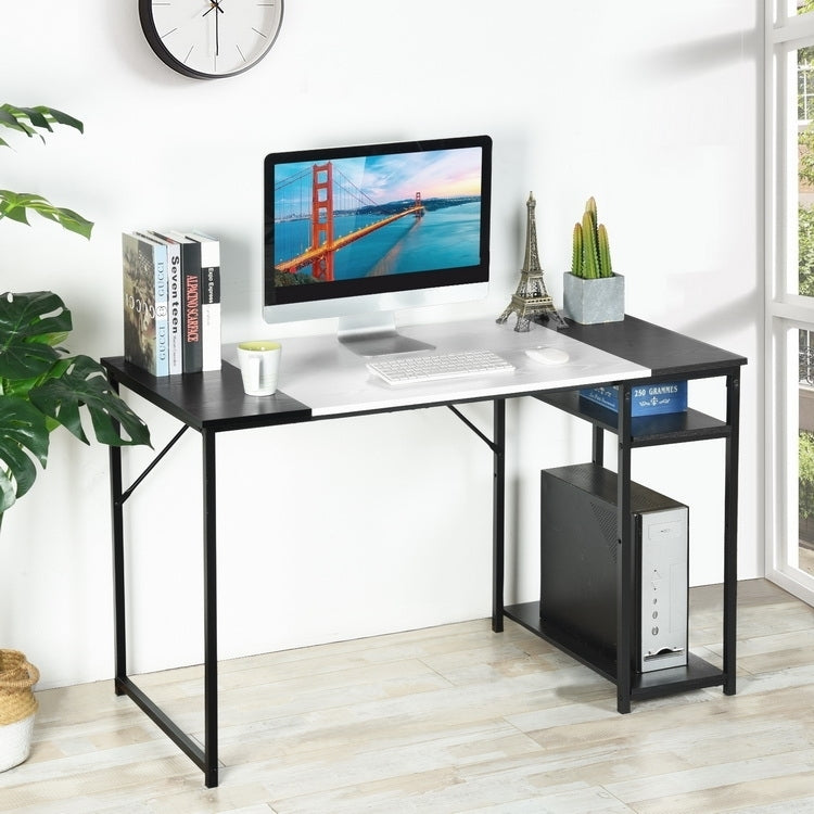 Large White and Black Study Desk with Adjustable Top and Storage Shelves