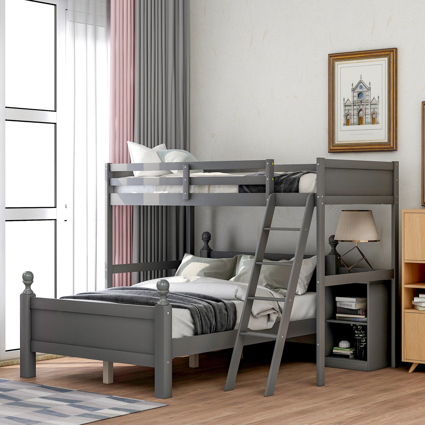 Twin over Full Loft Bed with Cabinet, Gray