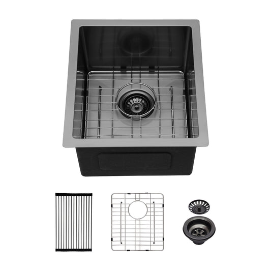 Gunmetal Black Undermount Stainless Steel Kitchen Sink - 15x 17x 10 Single Bowl Basin