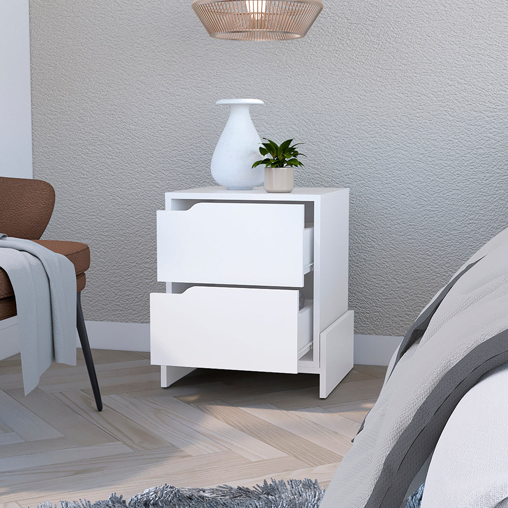 Nightstand Brookland, Bedside Table with Double Drawers and Sturdy Base, White Finish