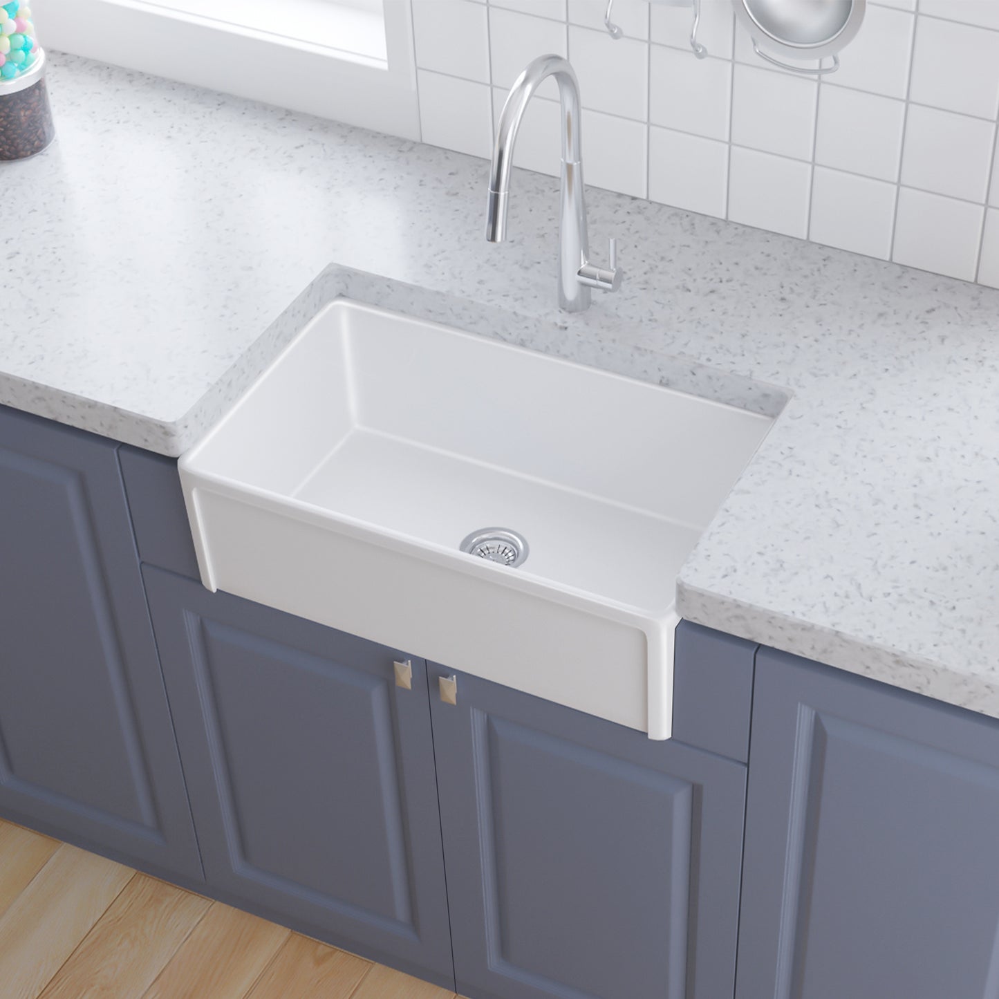 White Fireclay Farmhouse Kitchen Sink with Reversible Single Bowl