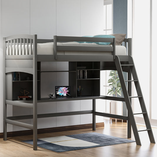 Twin size Loft Bed with Storage Shelves, Desk and Ladder, Gray