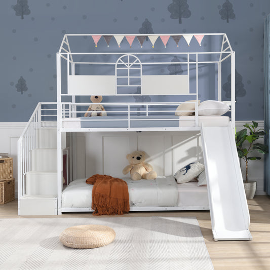 Kids Metal House Bunk Bed with Slide and Steps for Playful Sleep Time