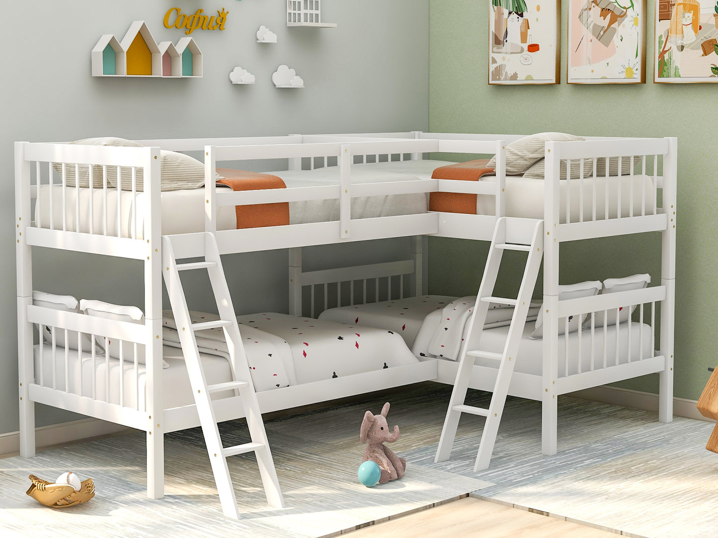 Double Decker White Bunk Bed with Versatile L-Shaped Design