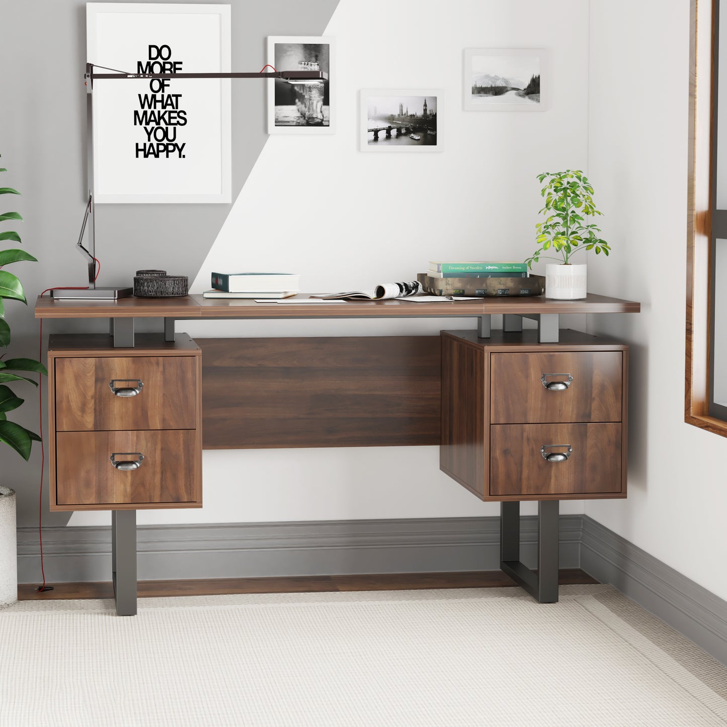 Elegant Walnut Desk for Home Office with 4 Drawers