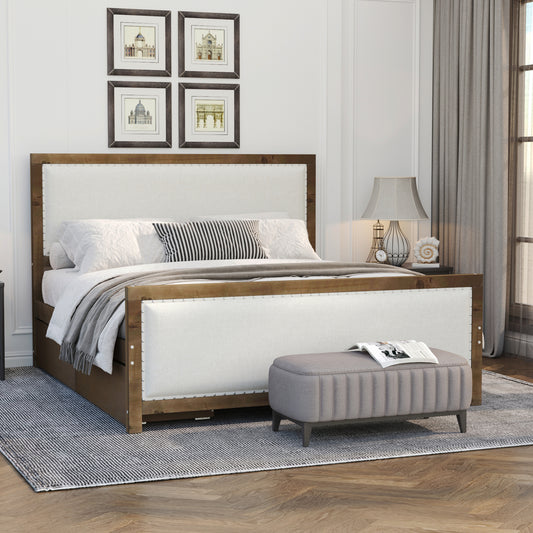 Full Size Upholstered Platform Bed with Wood Frame and 4 Drawers, Natural Wooden+Beige Fabric