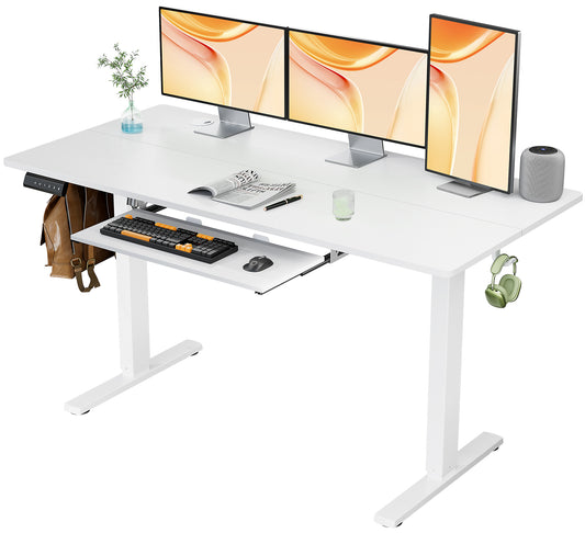 Height-Adjustable Electric Desk with White Keyboard Tray, 55 x 24 Inches