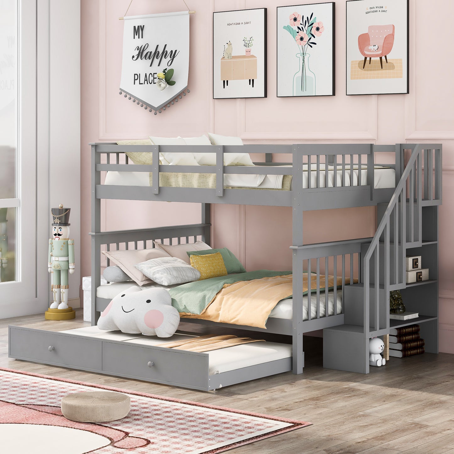 Gray Full-Over-Full Bunk Bed with Twin Trundle and Storage System