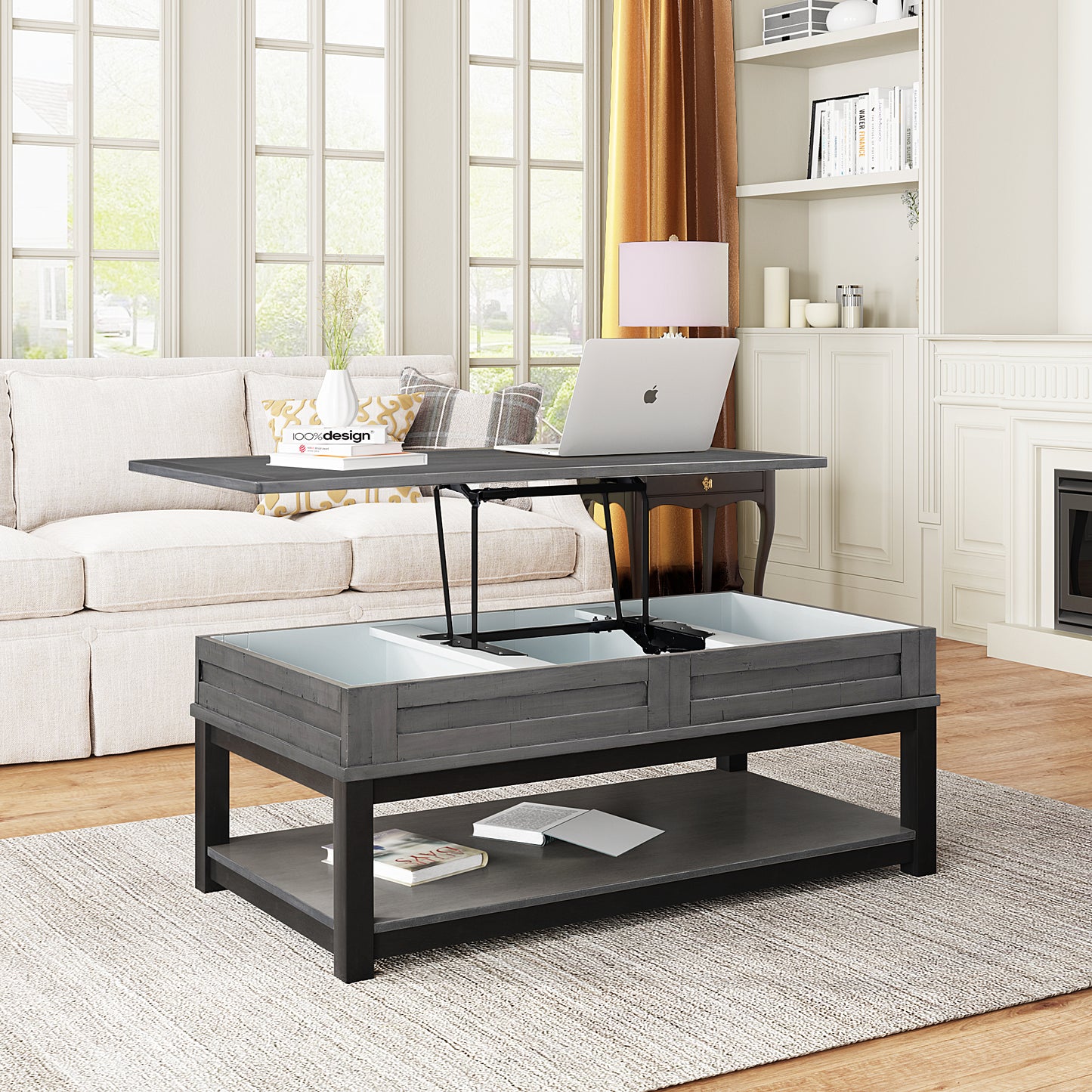 Convertible Lift Top Coffee Table with Storage Shelf - Grey Finish