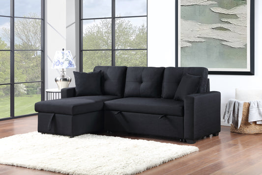 Francine Black Linen Convertible Storage Sectional Sofa with Reversible Chaise