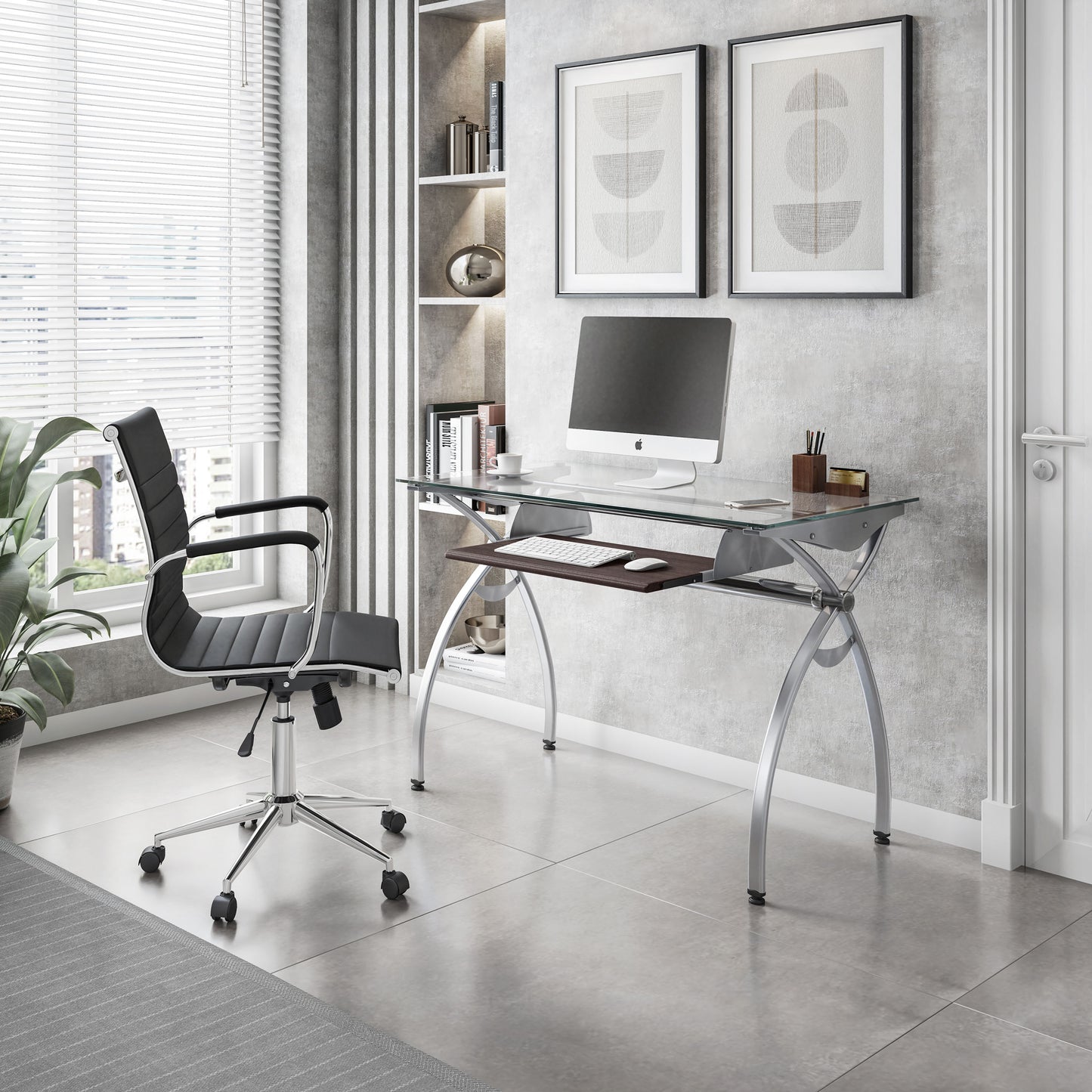 Contemporary Glass Top Computer Desk with Pull Out Keyboard Tray