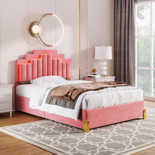 Full Size Upholstered Platform Bed with LED Lights and 4 Drawers, Stylish Irregular Metal Bed Legs Design, Pink