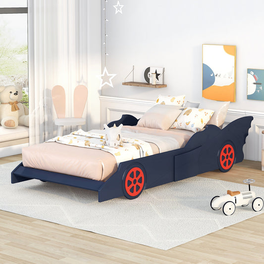 Twin Size Race Car-Shaped Platform Bed with Wheels,Blue+Red