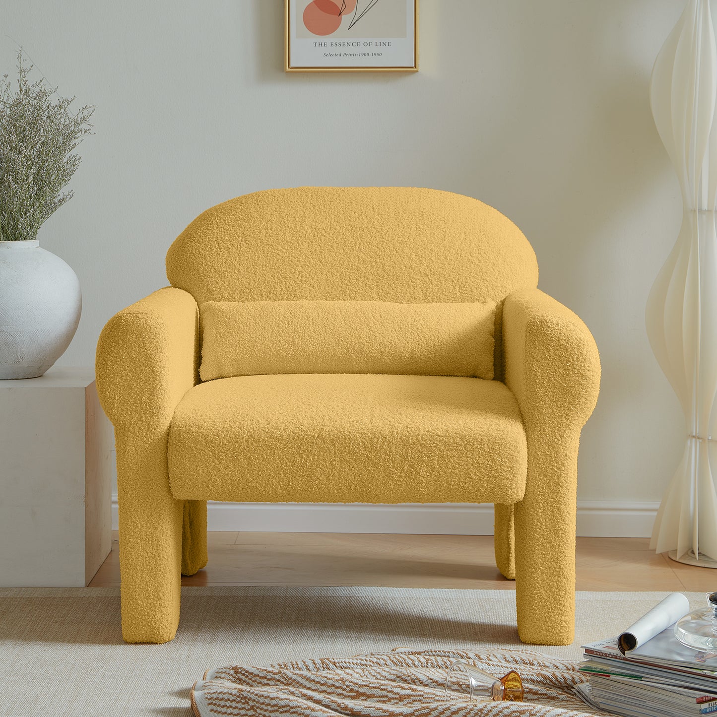 Modern teddy fabric accent chair with lumbar pillow for living room