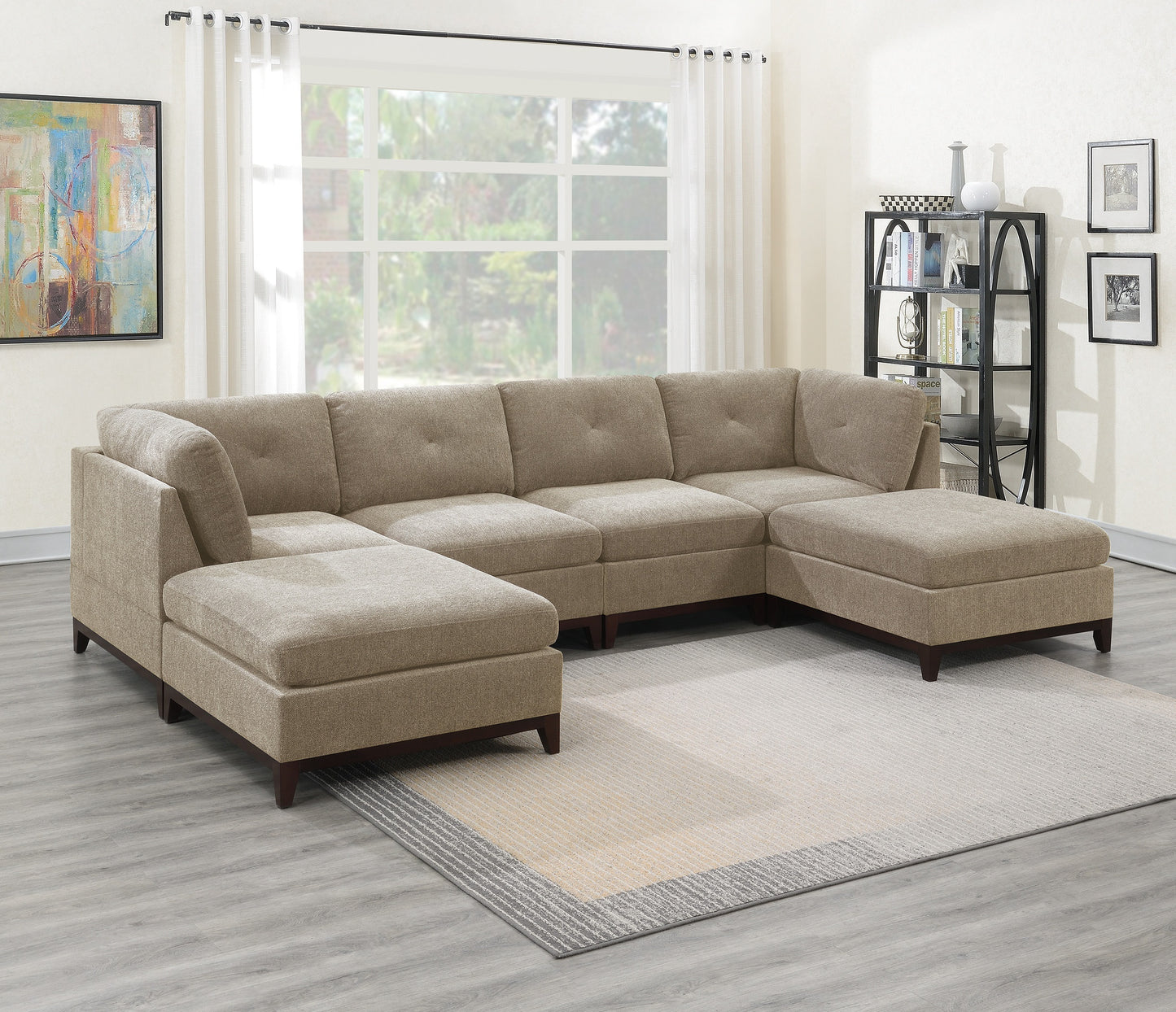 Camel Chenille Fabric Modular Sectional Set with Armless Chairs and Ottomans