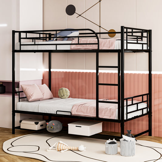 Modern Black Metal Twin Bunk Bed with Storage Shelf and Guardrails