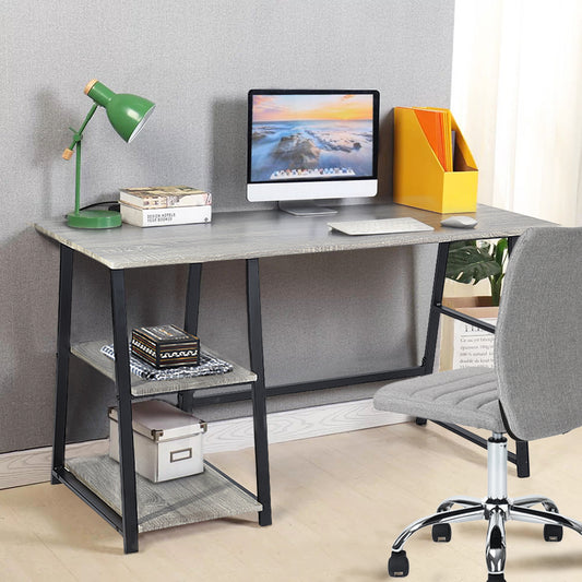 Adjustable Wooden Desk with 2 Open Shelves - GREY & BLACK