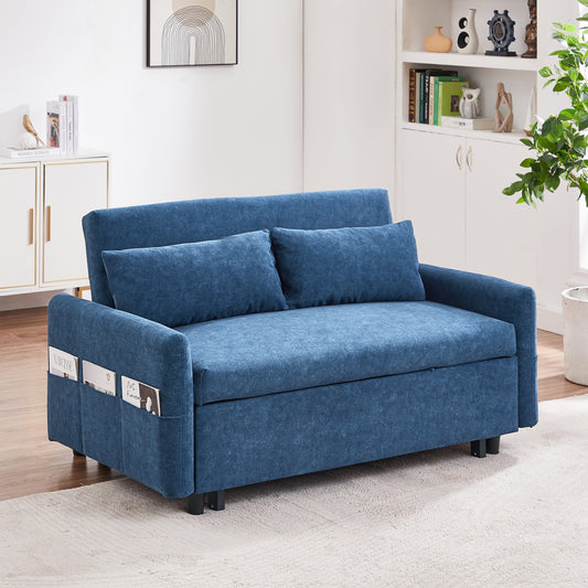 55.1 Blue Pull Out Sleeper Loveseat Sofa Bed with Adjustable Backrest and USB Ports