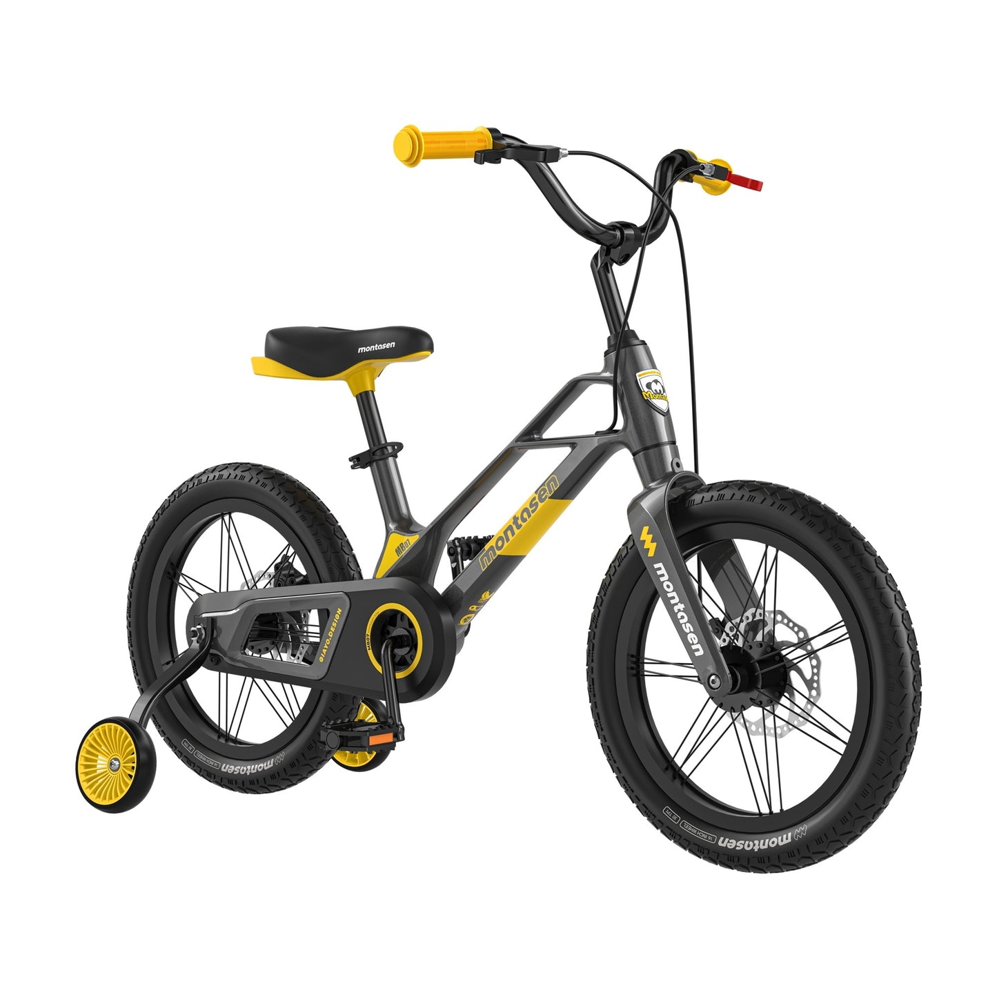 Montasen Kids Bike 16 Inch Bicycle for Boys Girls Ages 4-8 Years, Lightweight Magnesium Alloy Frame, Disc Adjustable Handlebar Training Wheels Gray Yellow Color