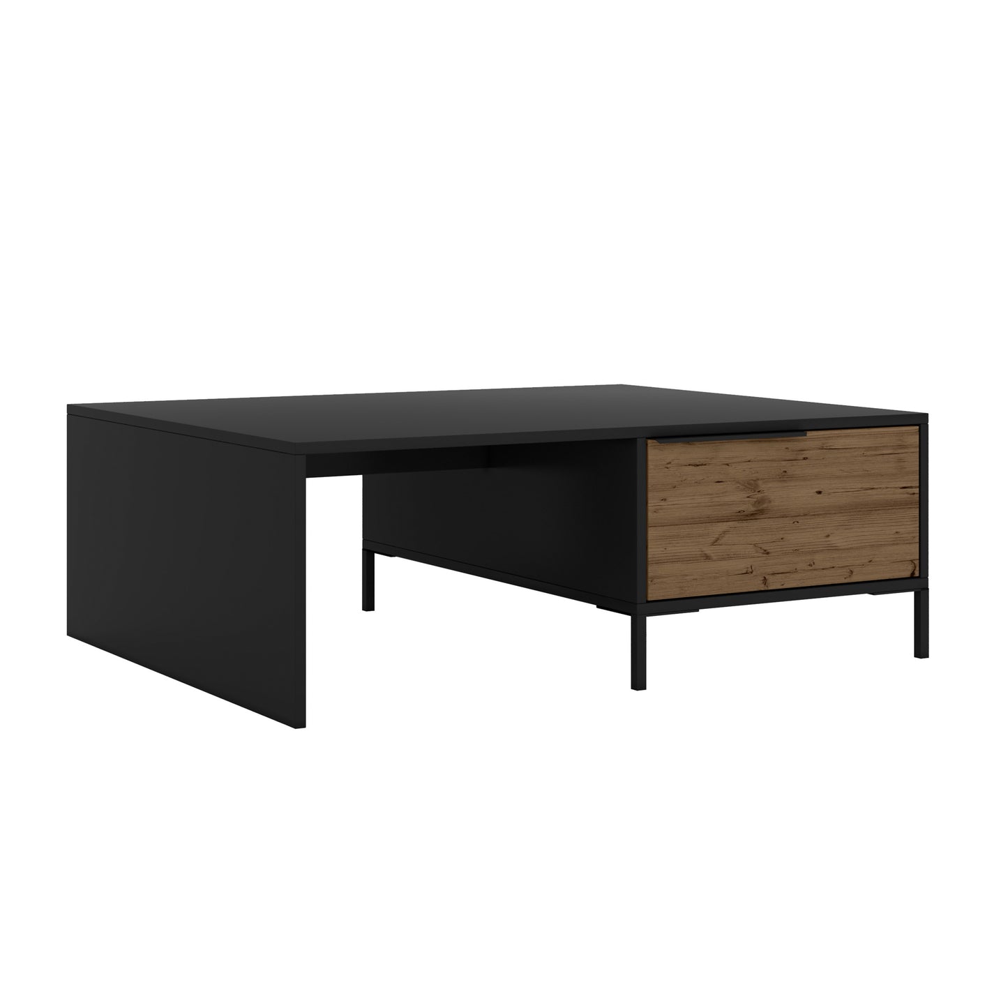 Rectangular Wood and Metal Coffee Table with Storage Drawer, Black and Brown