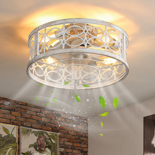 Adjustable Retro White Industrial Ceiling Fan with Caged Design