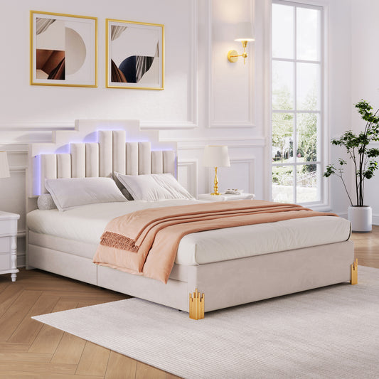 Queen Size Upholstered Platform Bed with LED Lights and 4 Drawers, Stylish Irregular Metal Bed Legs Design, Beige