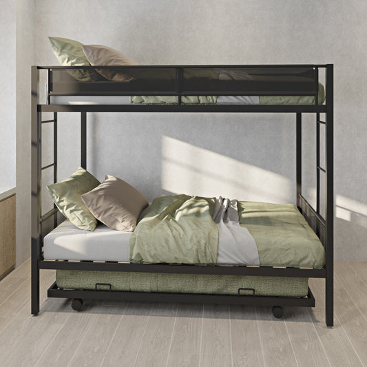 Metal Twin Bunk Bed with Trundle and Textilene Guardrails - Space-Saving Twin Over Twin Bunk Bed