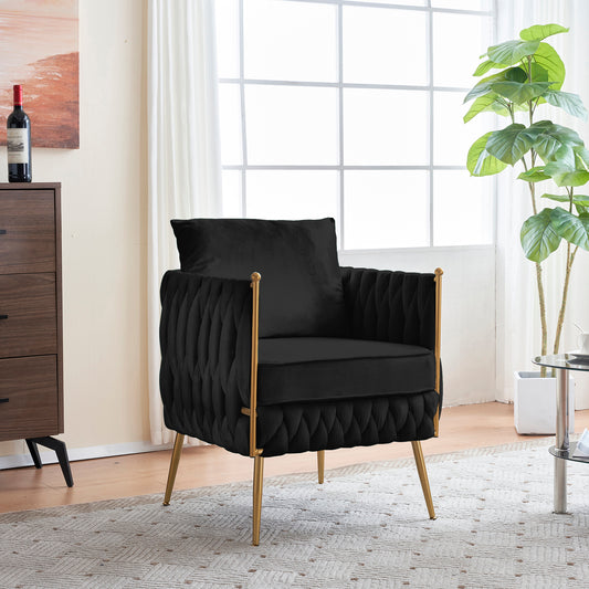 Modern Comfy Handmade Bucket Woven Velvet Accent Chair Arm Chair, Fluffy Tufted Upholstered Single Sofa Chair for Living Room, Bedroom, Office, Waiting Room, Black Velvet