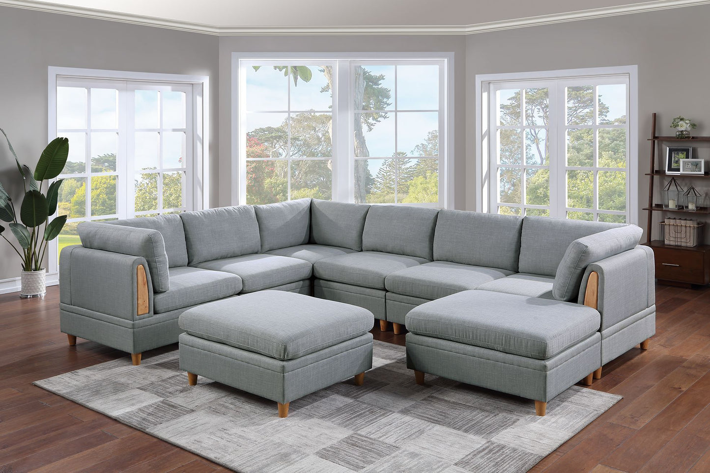 Contemporary Light Grey Sectional Sofa Set with Ottoman