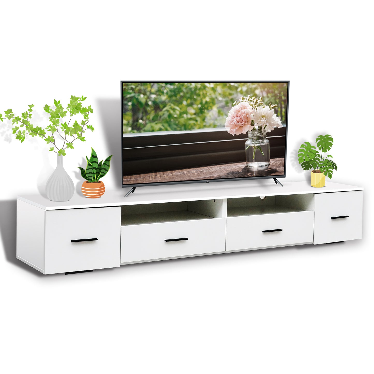 White TV Console with Large Drawers and LED Lights, 90 Inch TV Stand for Living Room