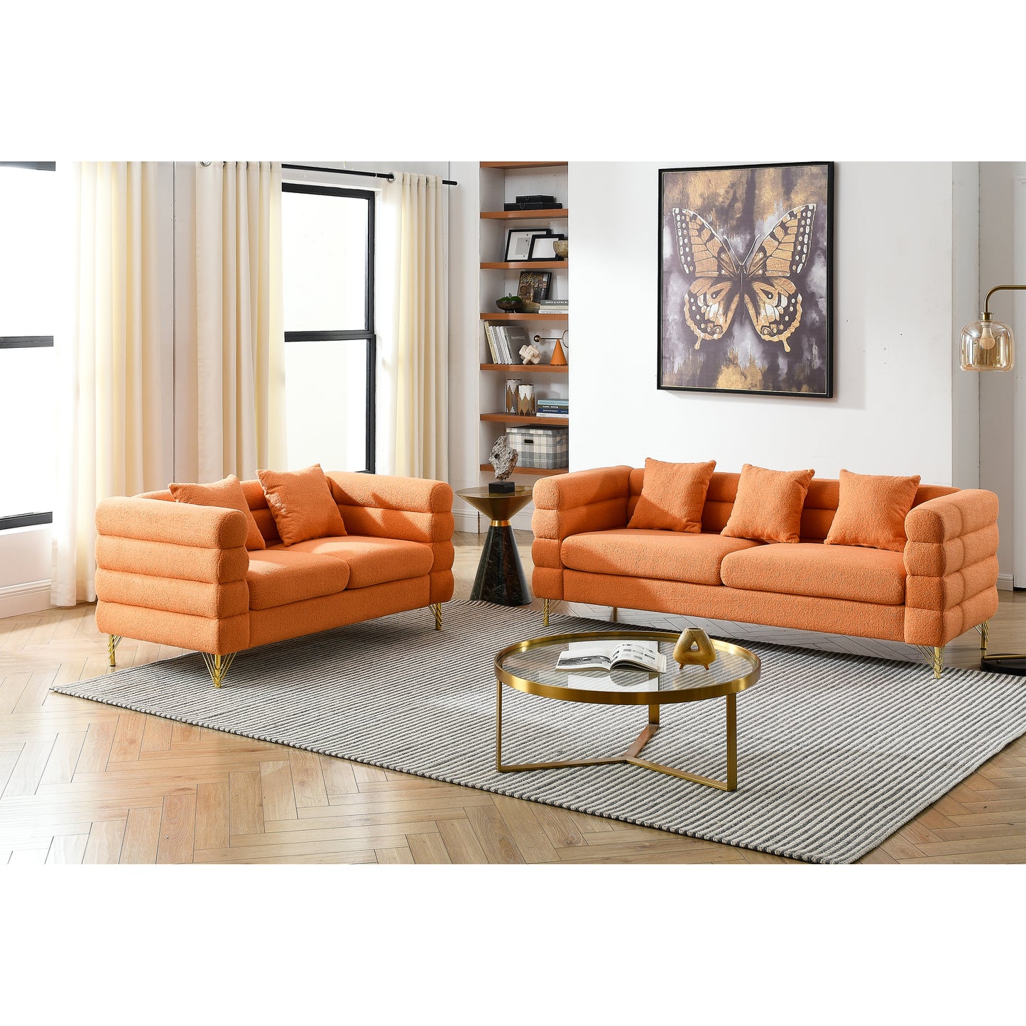 Art Deco Inspired 3-seater + 2-seater Combination Sofa in Orange Teddy Fabric