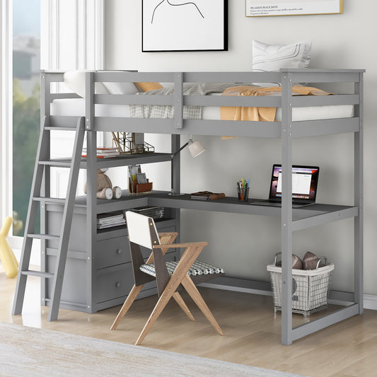 Twin Size Loft Bed with Desk and Shelves, Two Built-in Drawers, Gray(:GX000803AAE-1)