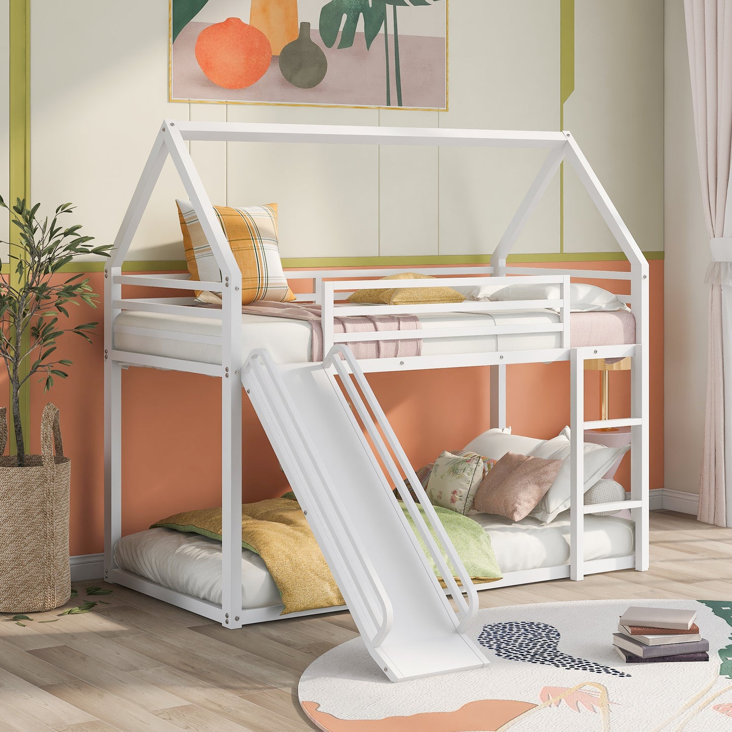 White Twin over Twin House Bunk Bed with Ladder, Slide, and Playhouse