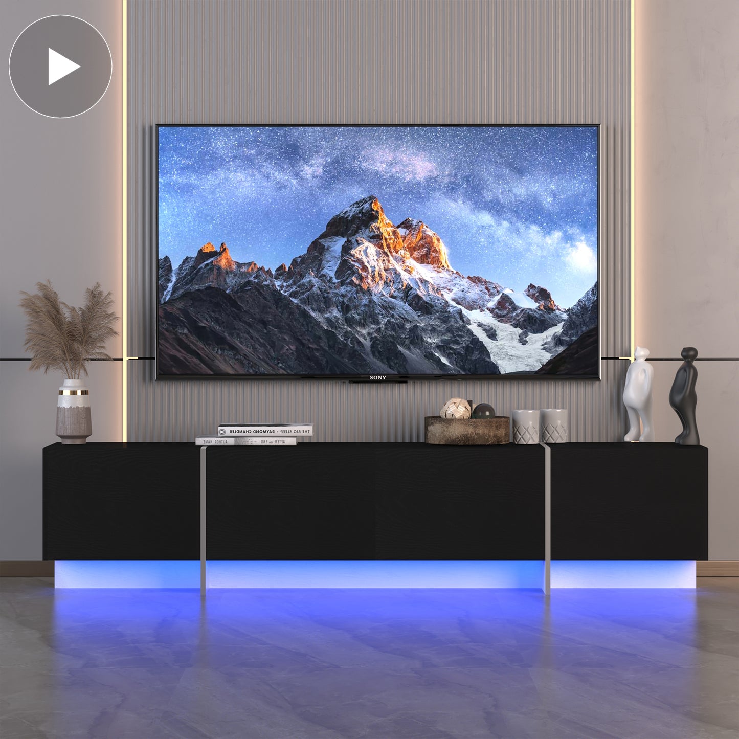 Modern Black TV Console with LED Lights and Storage Cabinets for 75 TV